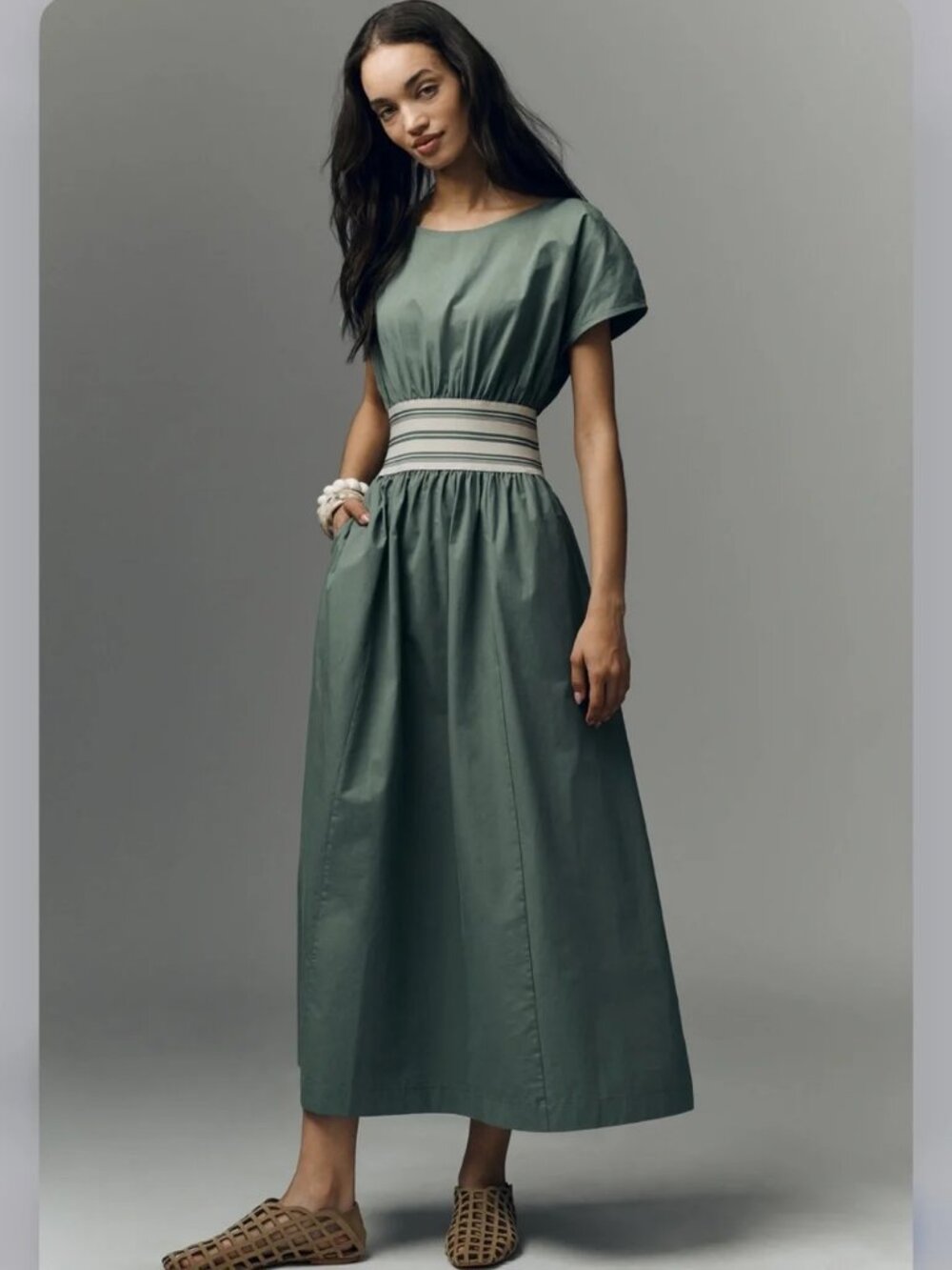 NEW Anthropologie Waisted Short-Sleeve A-Line Midi Dress NWT XS Green